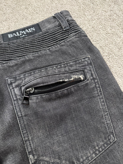 FW14 Balmain by Olivier Rousteing Grey Distressed & Faded Zip Biker Denim Jeans