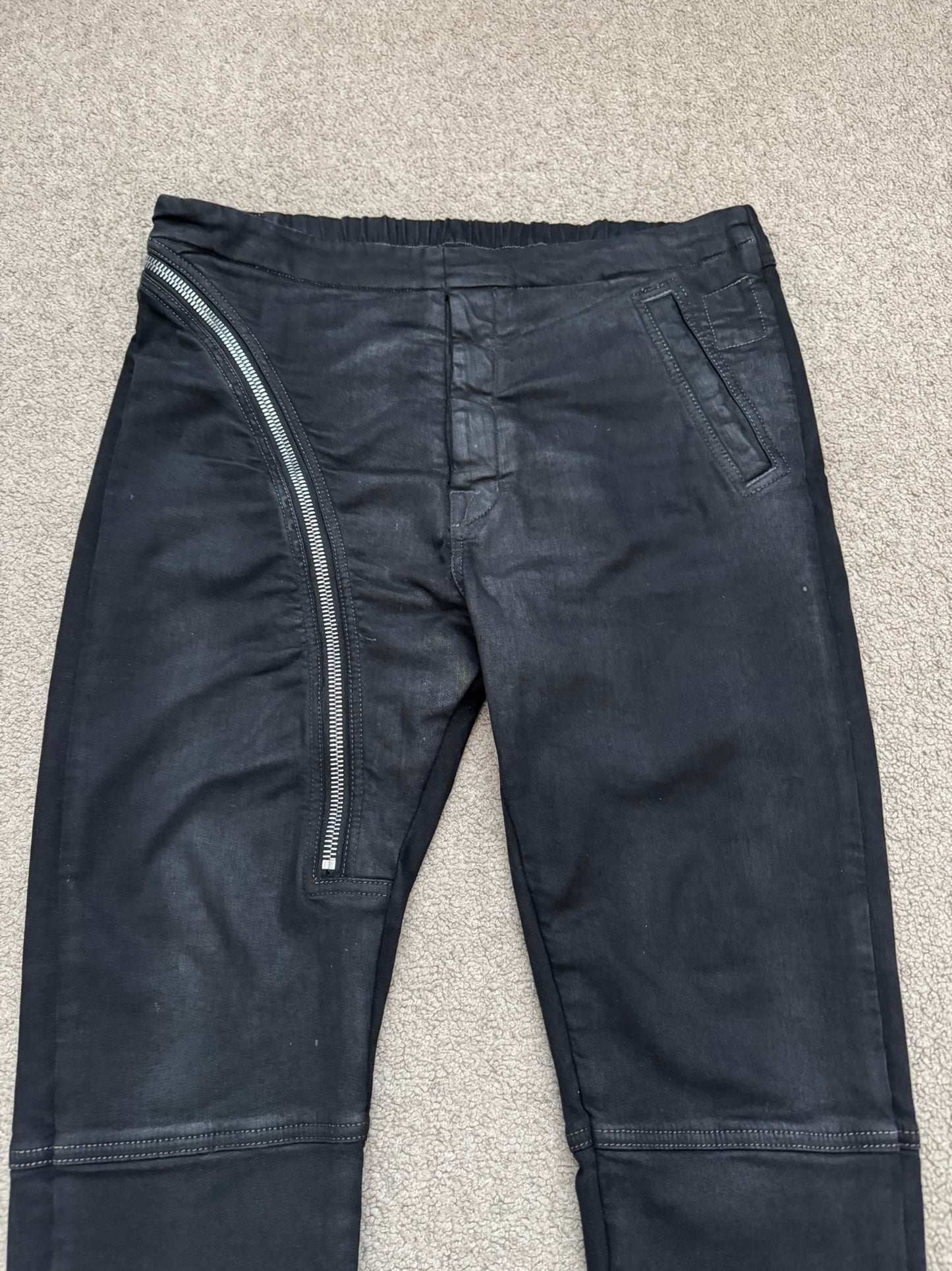 SS24 Rick Owens DRKSHDW "Lido" Black Waxed Aircut Denim Jeans