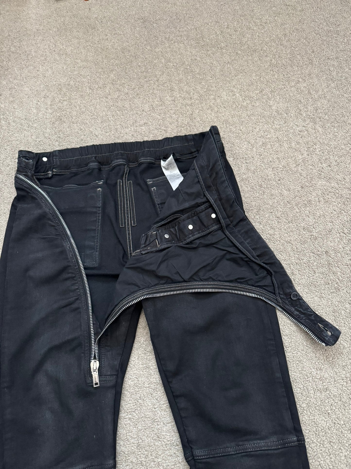 SS24 Rick Owens DRKSHDW "Lido" Black Waxed Aircut Denim Jeans