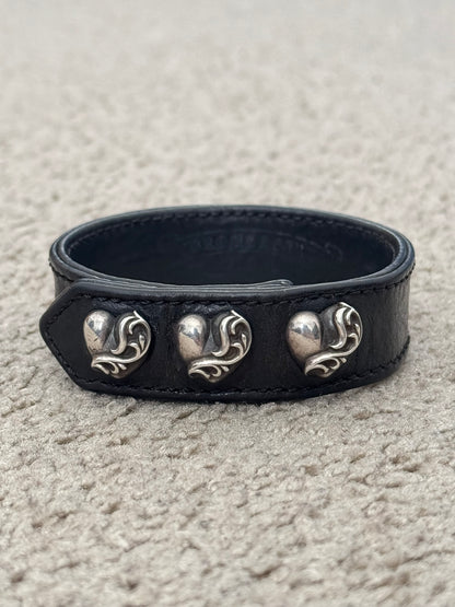 Chrome Hearts 3 Silver Vine Heart Snap Button Black Leather Bracelet