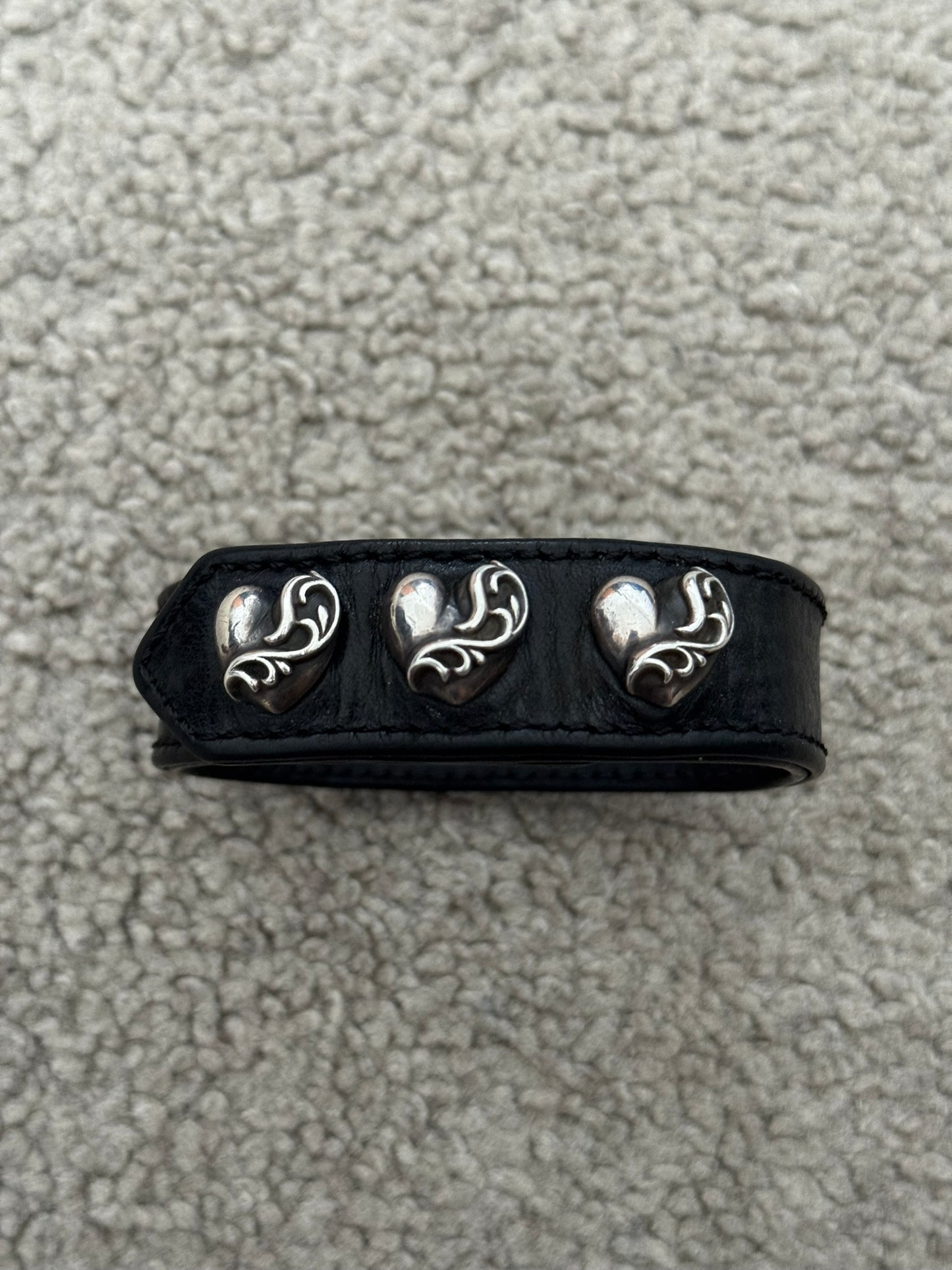 Chrome Hearts 3 Silver Vine Heart Snap Button Black Leather Bracelet