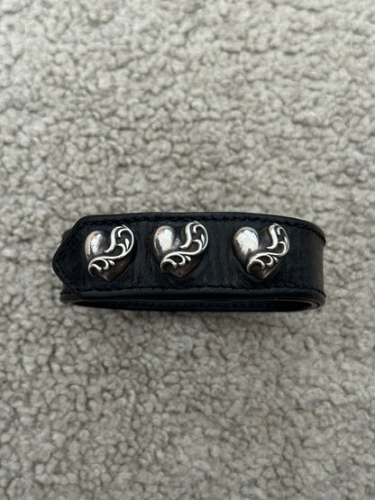 Chrome Hearts 3 Silver Vine Heart Snap Button Black Leather Bracelet