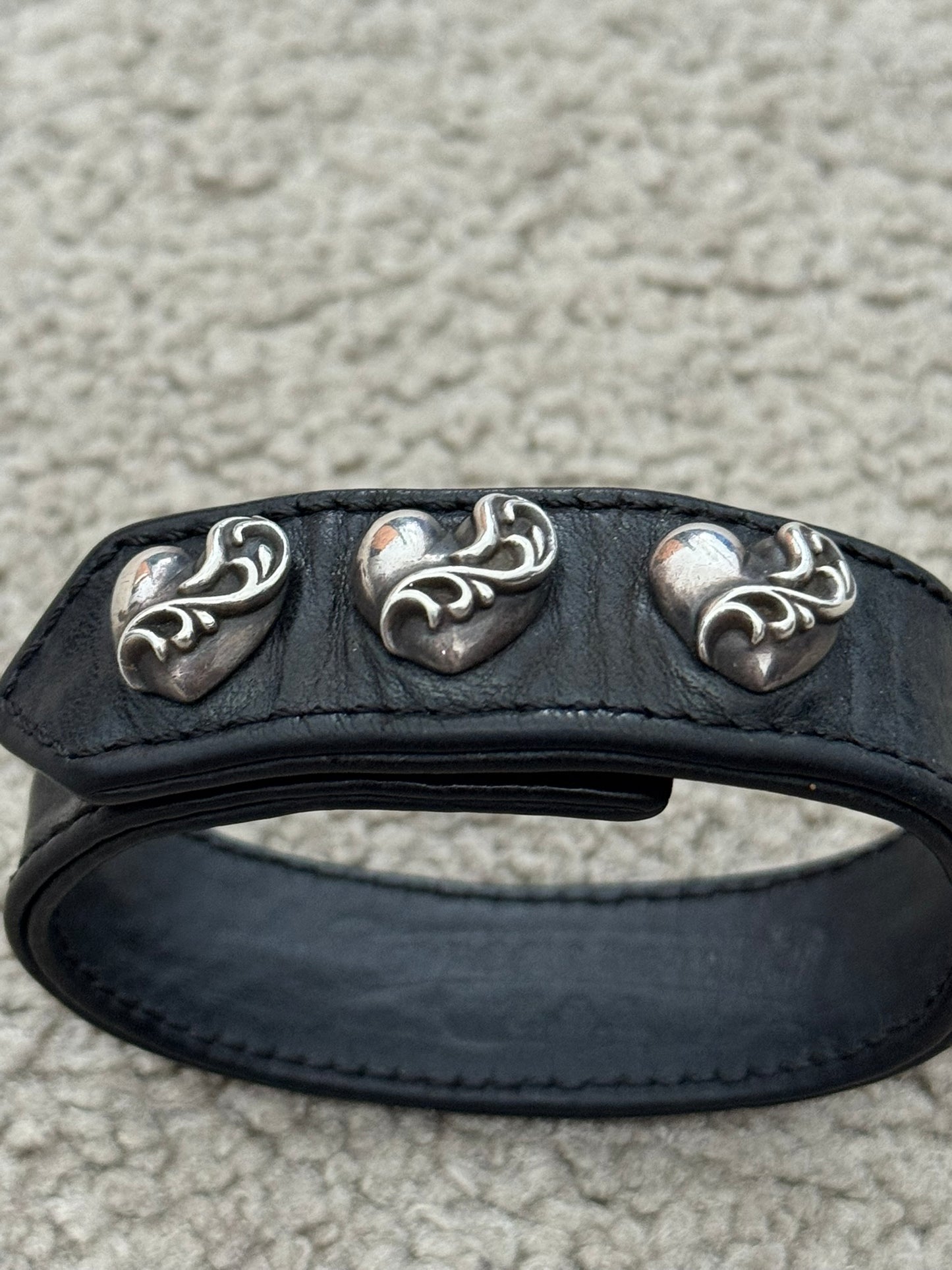 Chrome Hearts 3 Silver Vine Heart Snap Button Black Leather Bracelet
