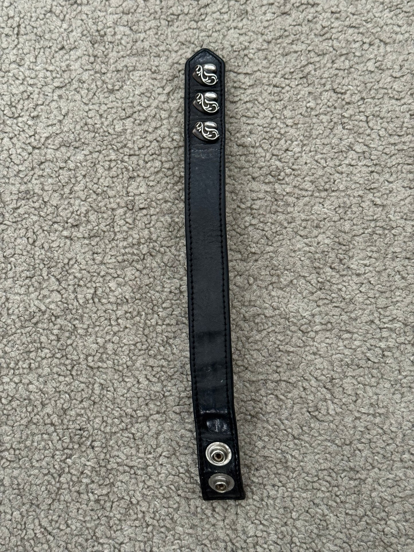 Chrome Hearts 3 Silver Vine Heart Snap Button Black Leather Bracelet