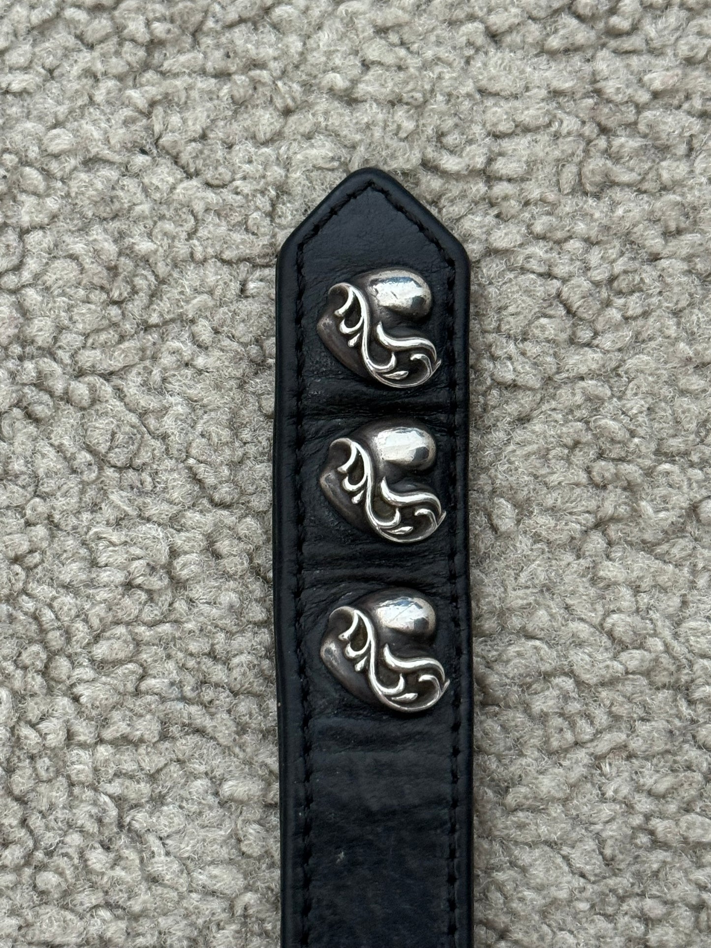 Chrome Hearts 3 Silver Vine Heart Snap Button Black Leather Bracelet
