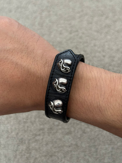 Chrome Hearts 3 Silver Vine Heart Snap Button Black Leather Bracelet