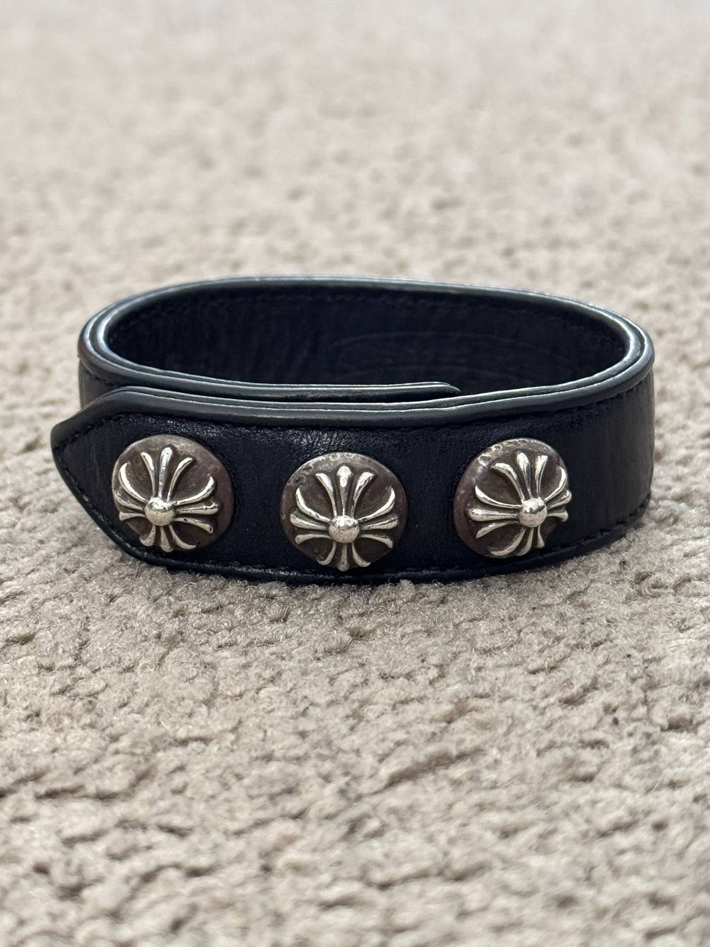 Chrome Hearts 3 Silver Cross Snap Button Black Leather Bracelet