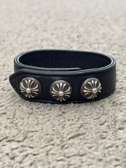 Chrome Hearts 3 Silver Cross Snap Button Black Leather Bracelet