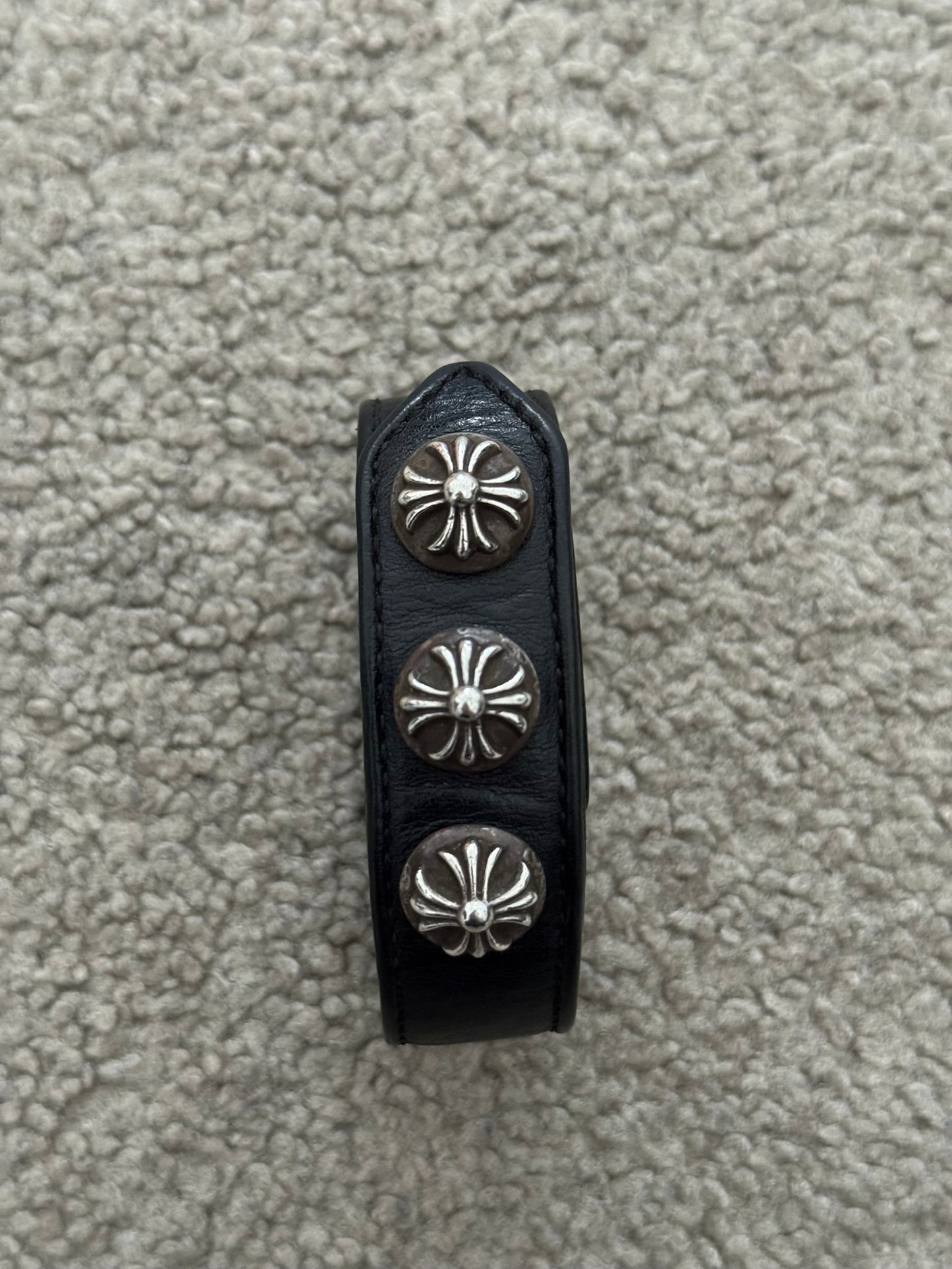 Chrome Hearts 3 Silver Cross Snap Button Black Leather Bracelet