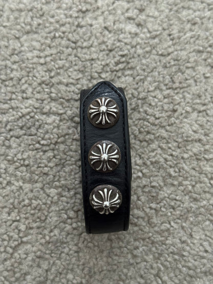 Chrome Hearts 3 Silver Cross Snap Button Black Leather Bracelet