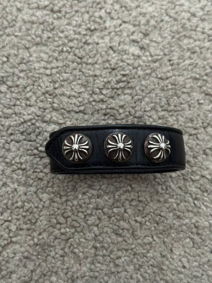 Chrome Hearts 3 Silver Cross Snap Button Black Leather Bracelet