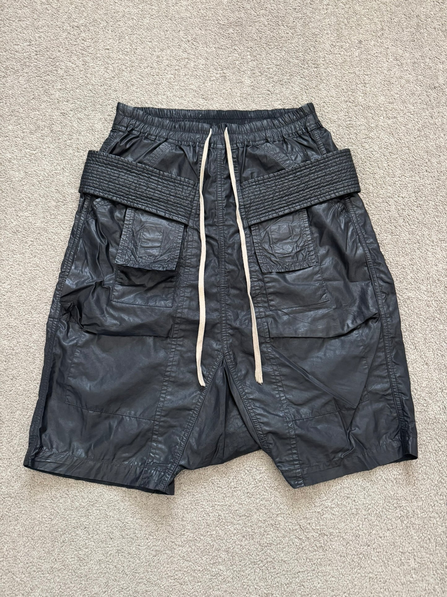 SS15 Rick Owens DRKSHDW Black Waxed Creatch Cargo Pods Shorts