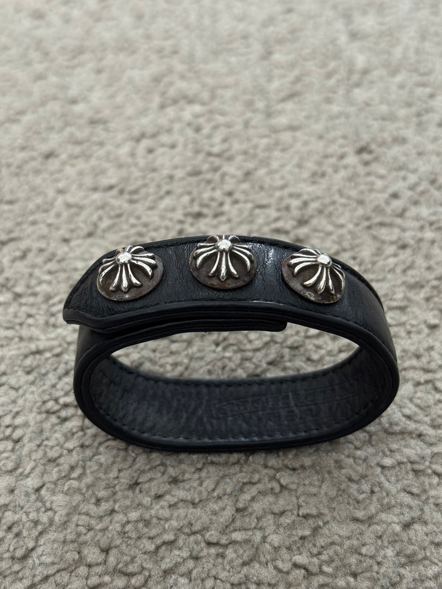 Chrome Hearts 3 Silver Cross Snap Button Black Leather Bracelet