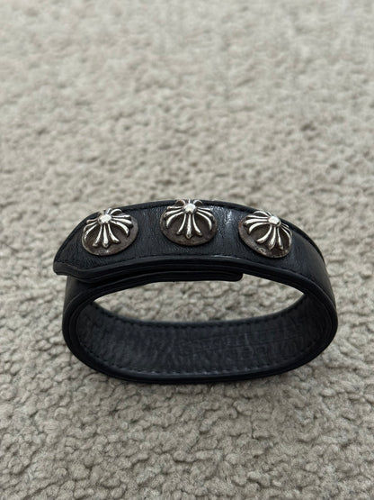 Chrome Hearts 3 Silver Cross Snap Button Black Leather Bracelet