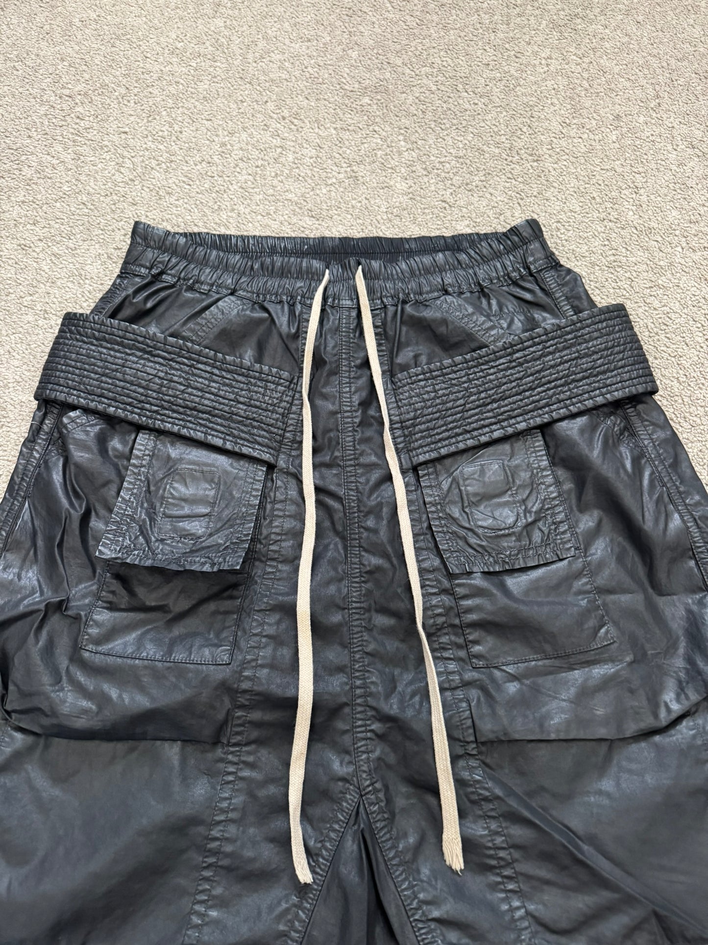 SS15 Rick Owens DRKSHDW Black Waxed Creatch Cargo Pods Shorts