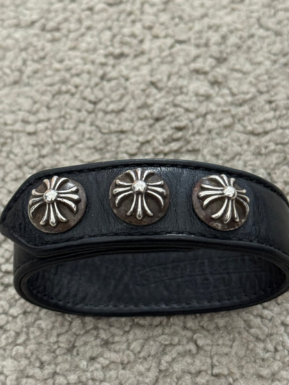 Chrome Hearts 3 Silver Cross Snap Button Black Leather Bracelet