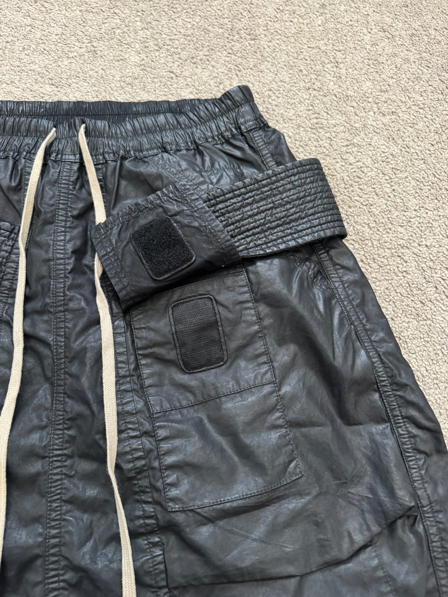 SS15 Rick Owens DRKSHDW Black Waxed Creatch Cargo Pods Shorts