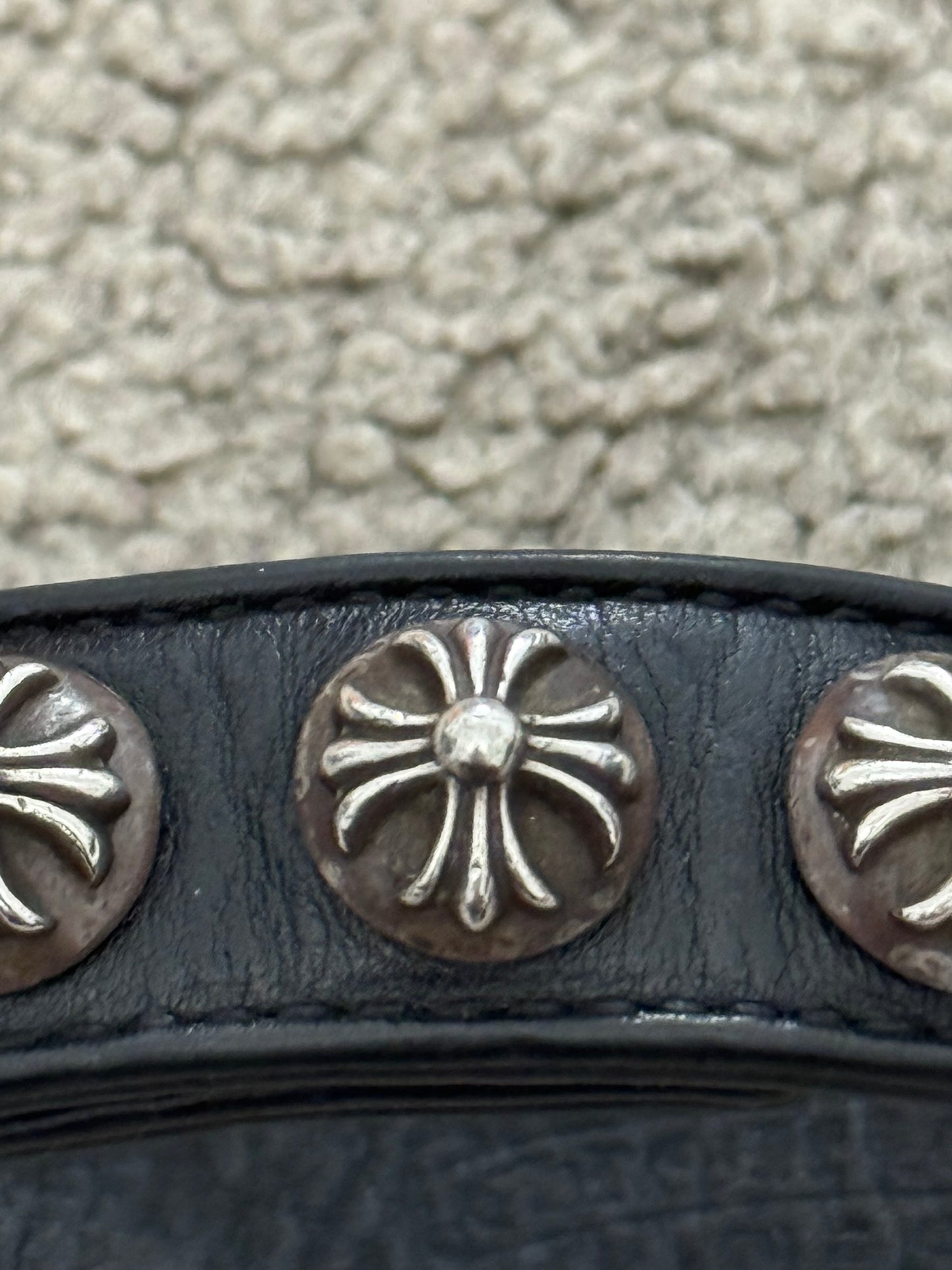 Chrome Hearts 3 Silver Cross Snap Button Black Leather Bracelet