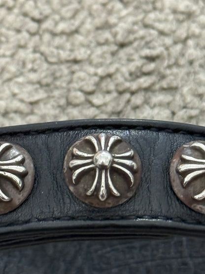 Chrome Hearts 3 Silver Cross Snap Button Black Leather Bracelet