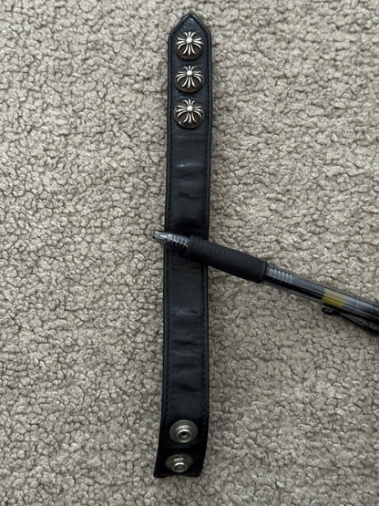 Chrome Hearts 3 Silver Cross Snap Button Black Leather Bracelet