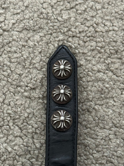 Chrome Hearts 3 Silver Cross Snap Button Black Leather Bracelet