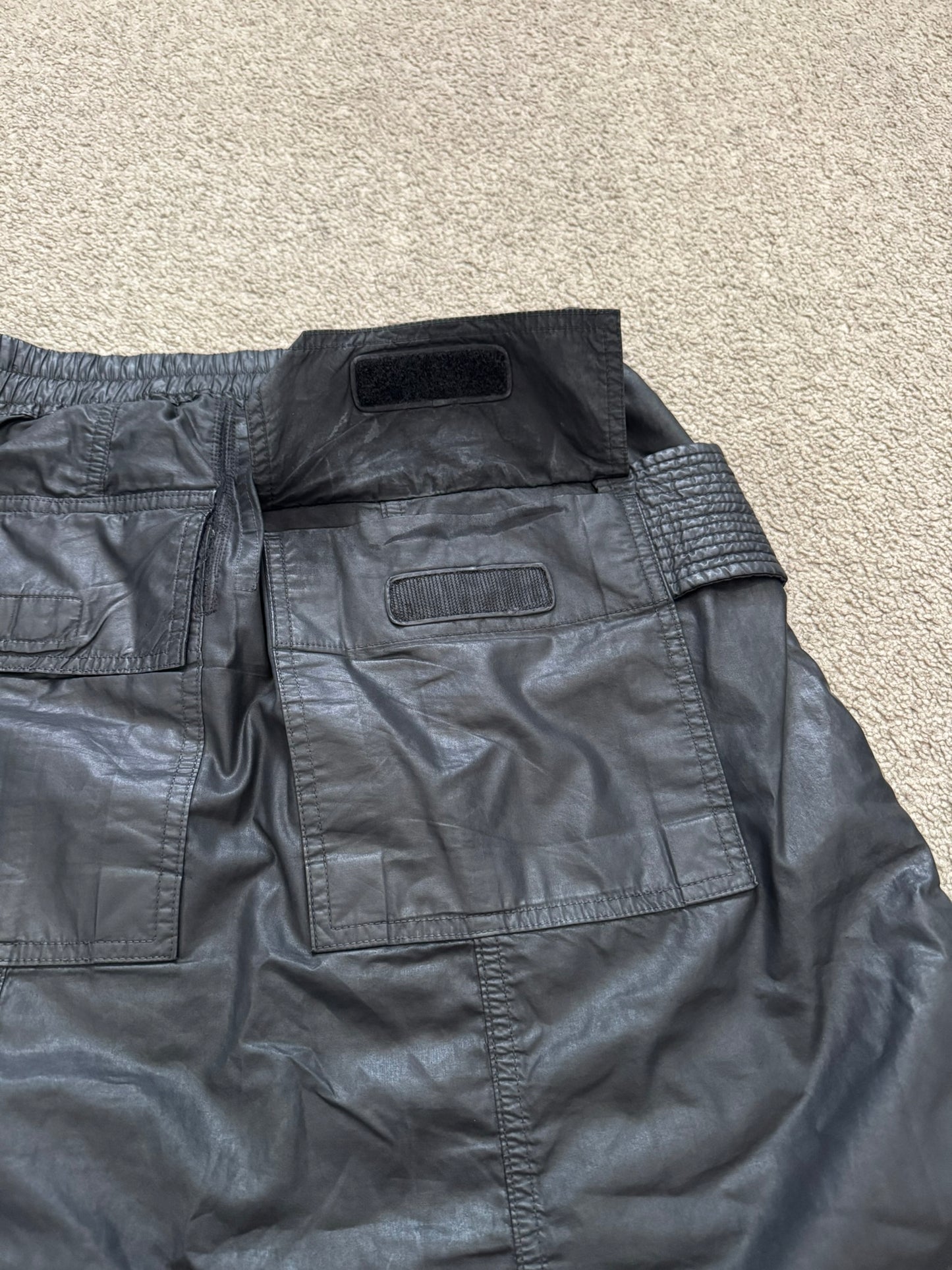 SS15 Rick Owens DRKSHDW Black Waxed Creatch Cargo Pods Shorts