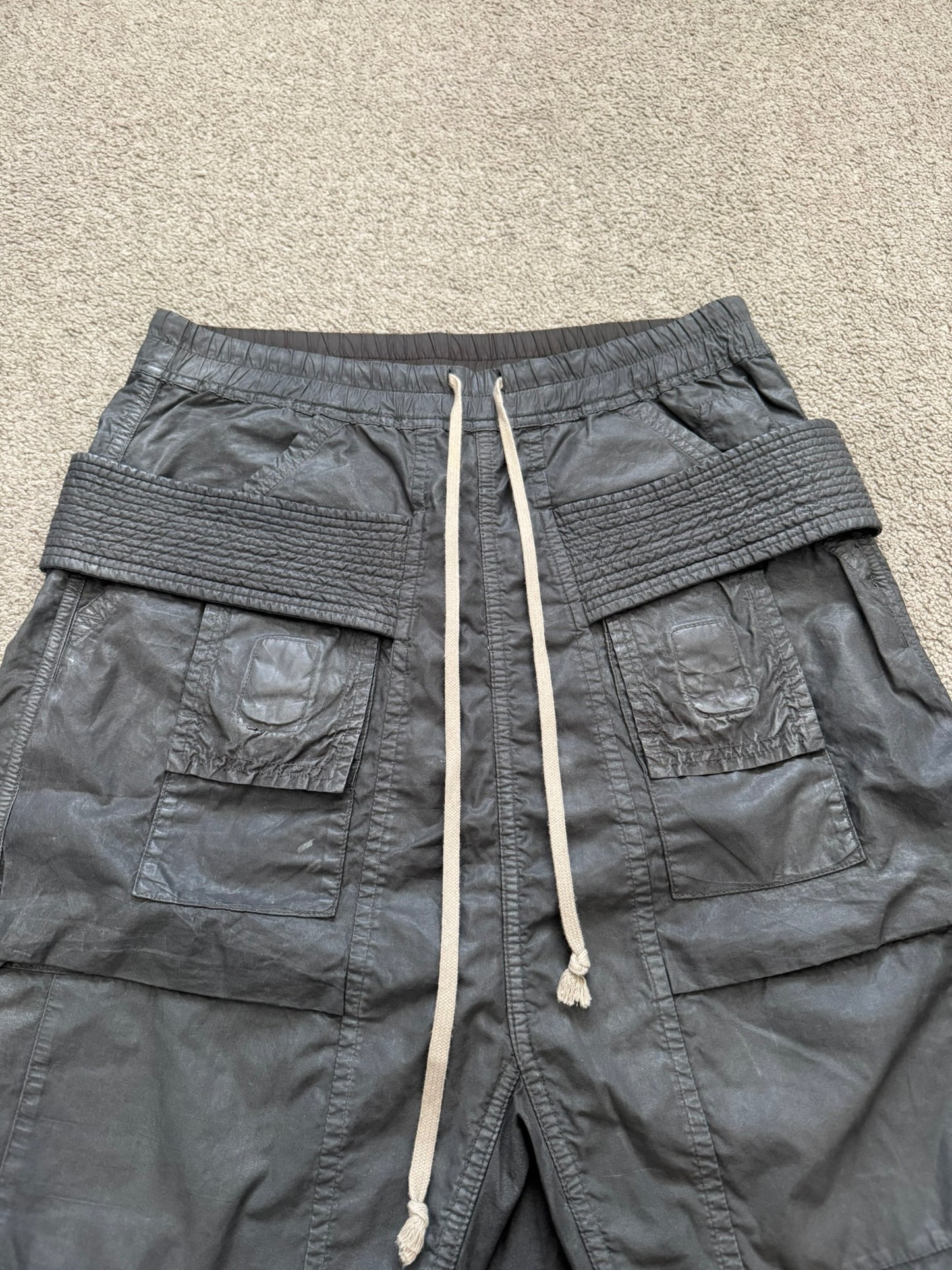 SS15 Rick Owens DRKSHDW Dark Dust Waxed Creatch Cargo Pods Shorts
