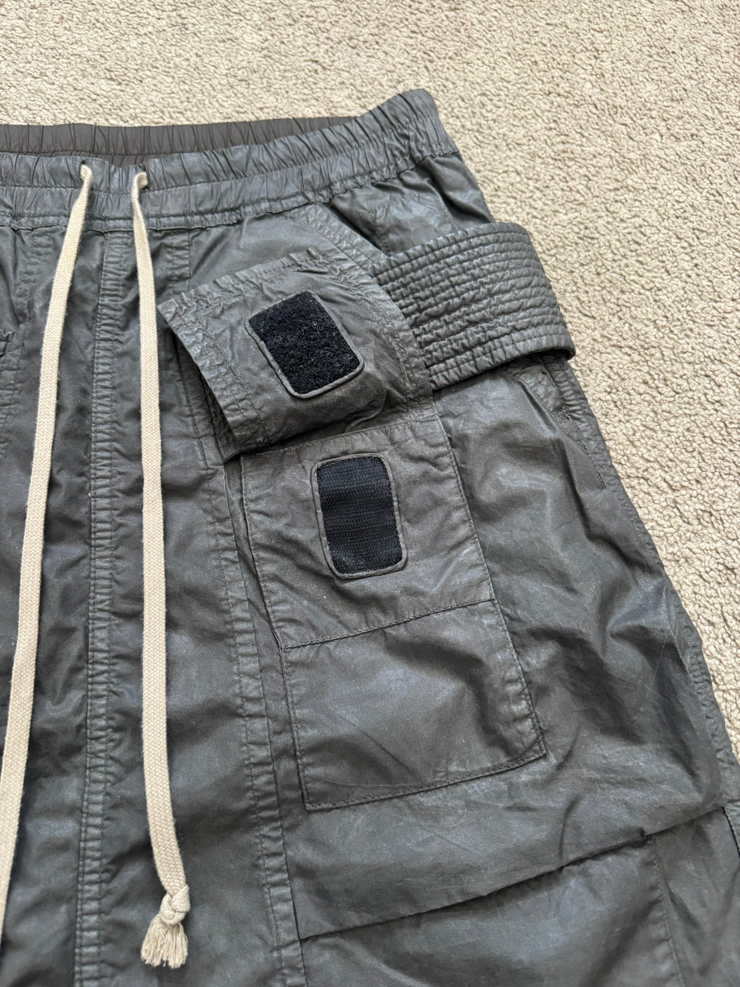SS15 Rick Owens DRKSHDW Dark Dust Waxed Creatch Cargo Pods Shorts