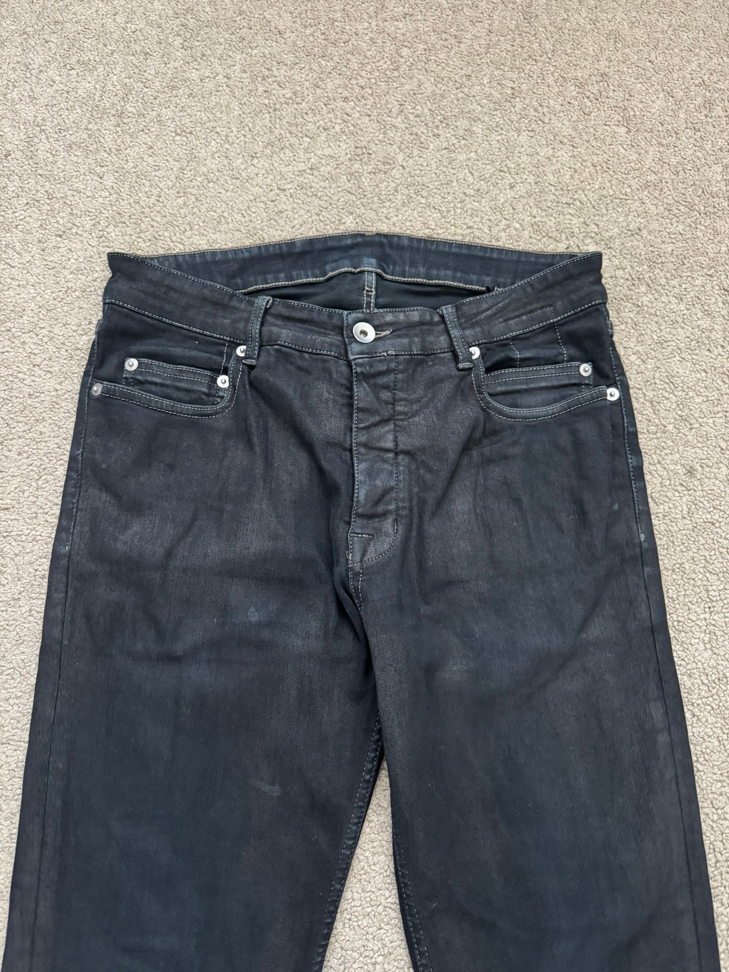 FW19 Rick Owens DRKSHDW Black Waxed Tyrone Cut Denim Jeans