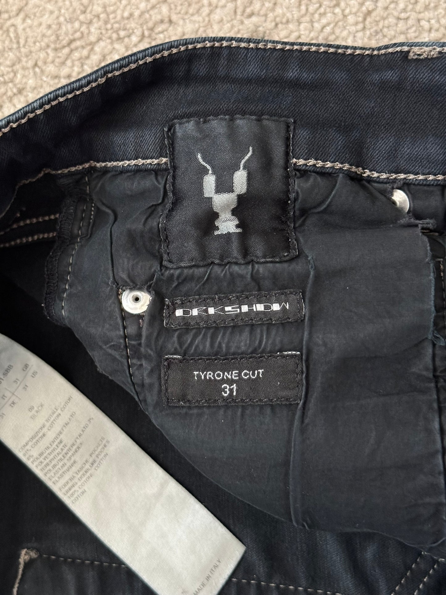 FW19 Rick Owens DRKSHDW Black Waxed Tyrone Cut Denim Jeans