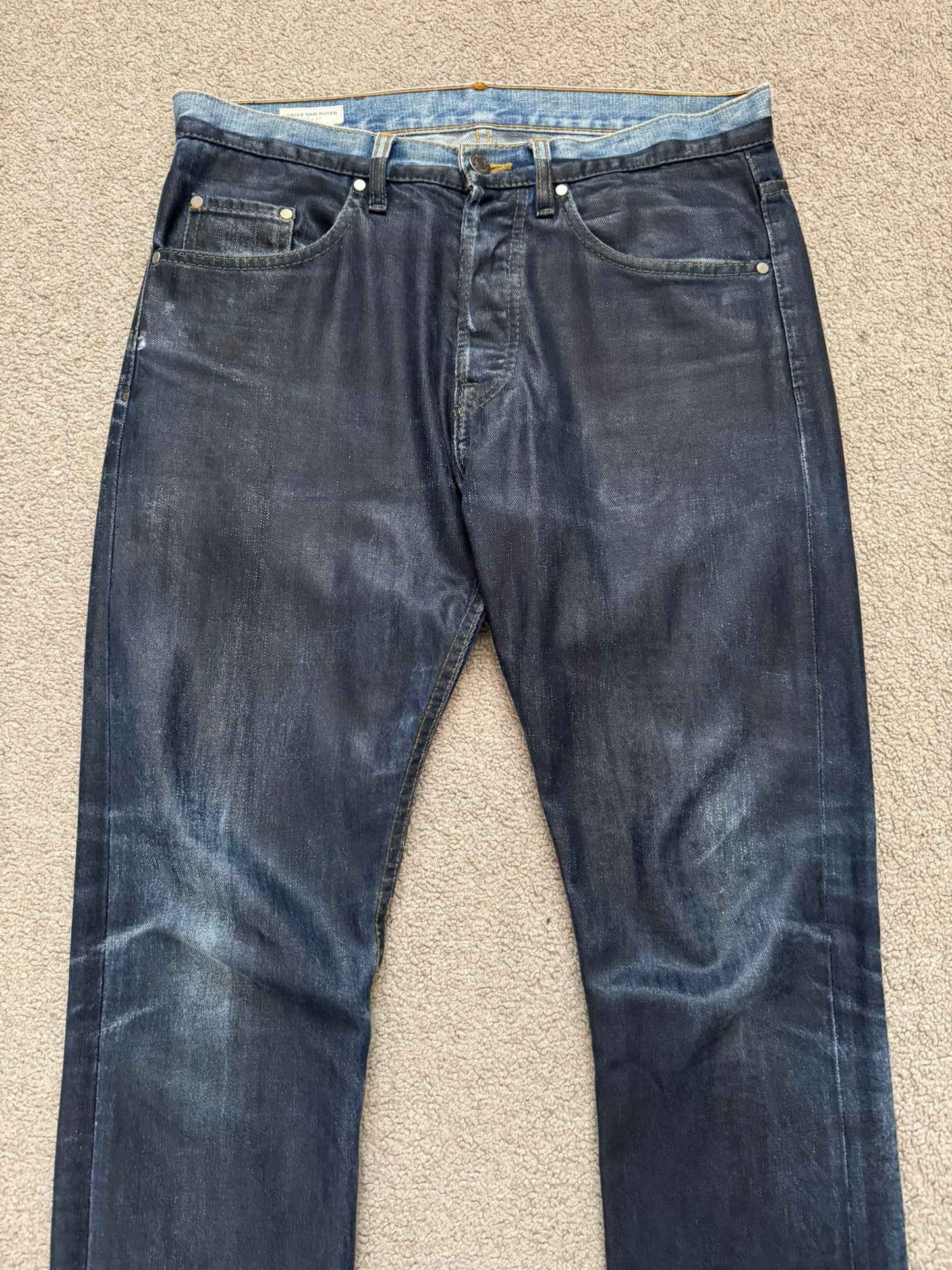 FW12 Dries Van Noten Runway "Cummerbund" Waxed Denim Jeans