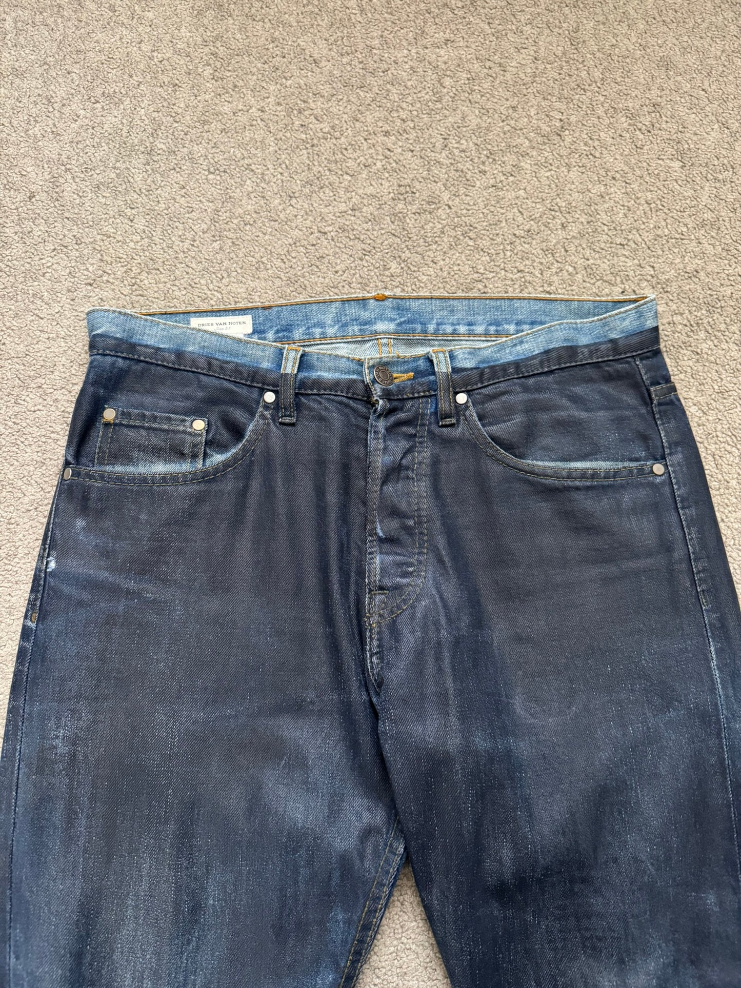 FW12 Dries Van Noten Runway "Cummerbund" Waxed Denim Jeans