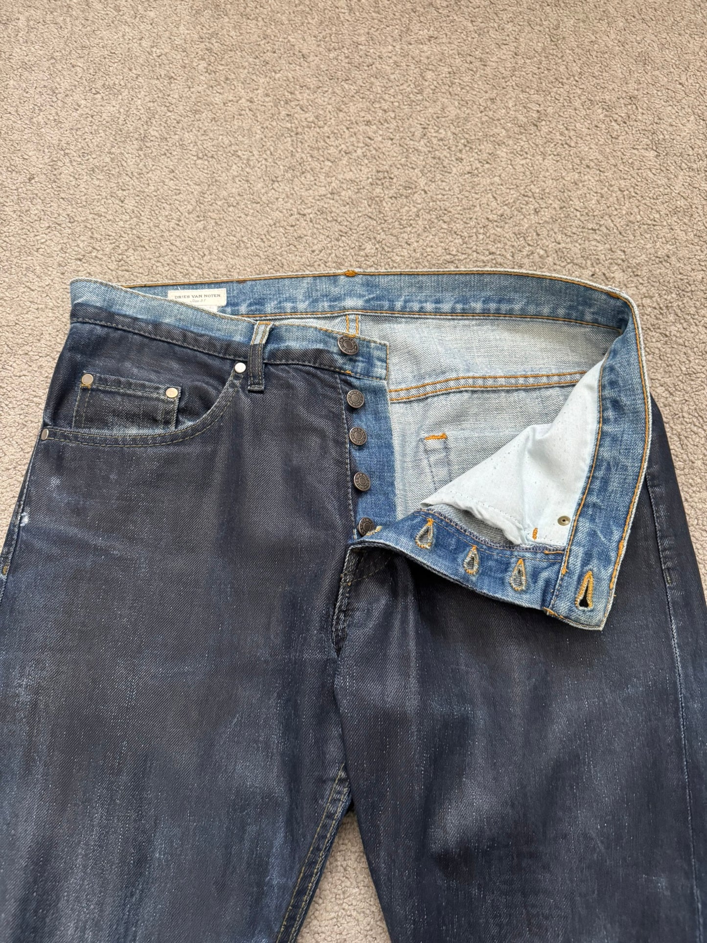 FW12 Dries Van Noten Runway "Cummerbund" Waxed Denim Jeans