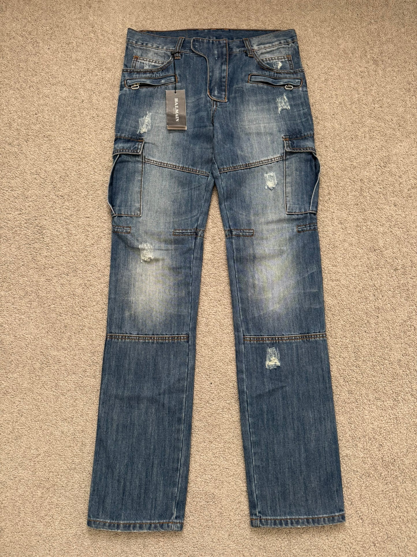 SS10 Balmain by Christophe Decarnin Distressed Cargo Denim Jeans