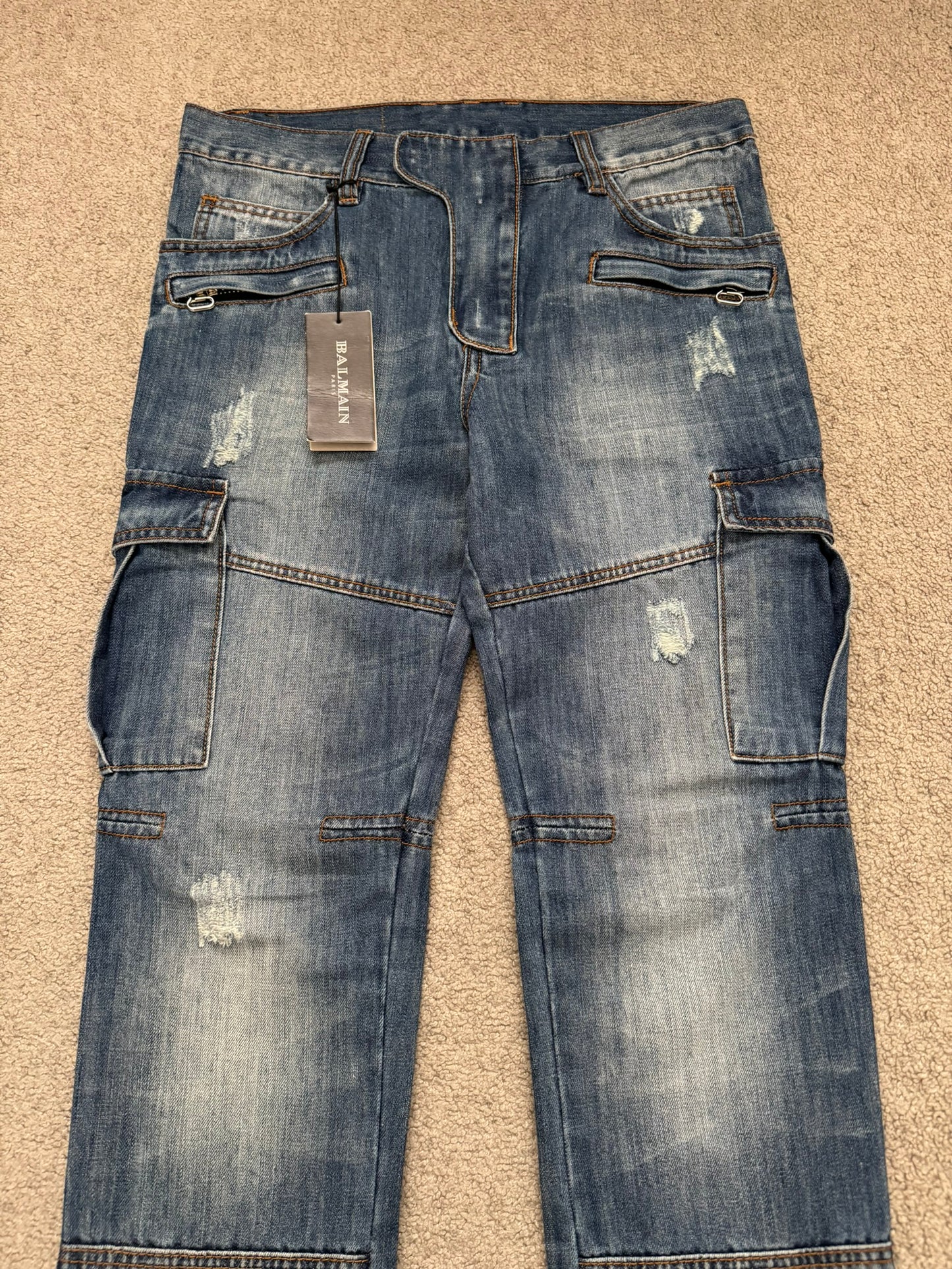 SS10 Balmain by Christophe Decarnin Distressed Cargo Denim Jeans