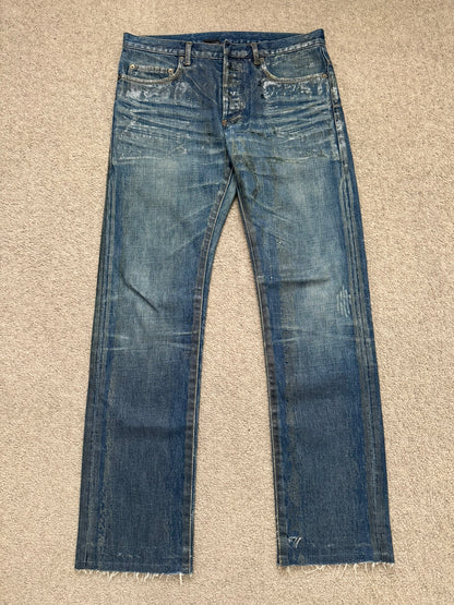 SS07 Dior Homme by Hedi Slimane "Luster" Blue Waxed Clawmark Denim Jeans