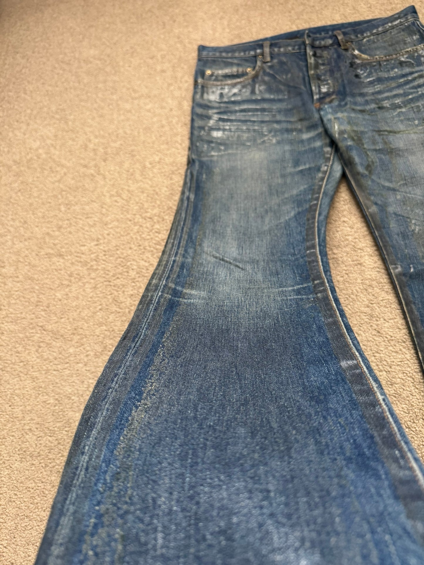 SS07 Dior Homme by Hedi Slimane "Luster" Blue Waxed Clawmark Denim Jeans