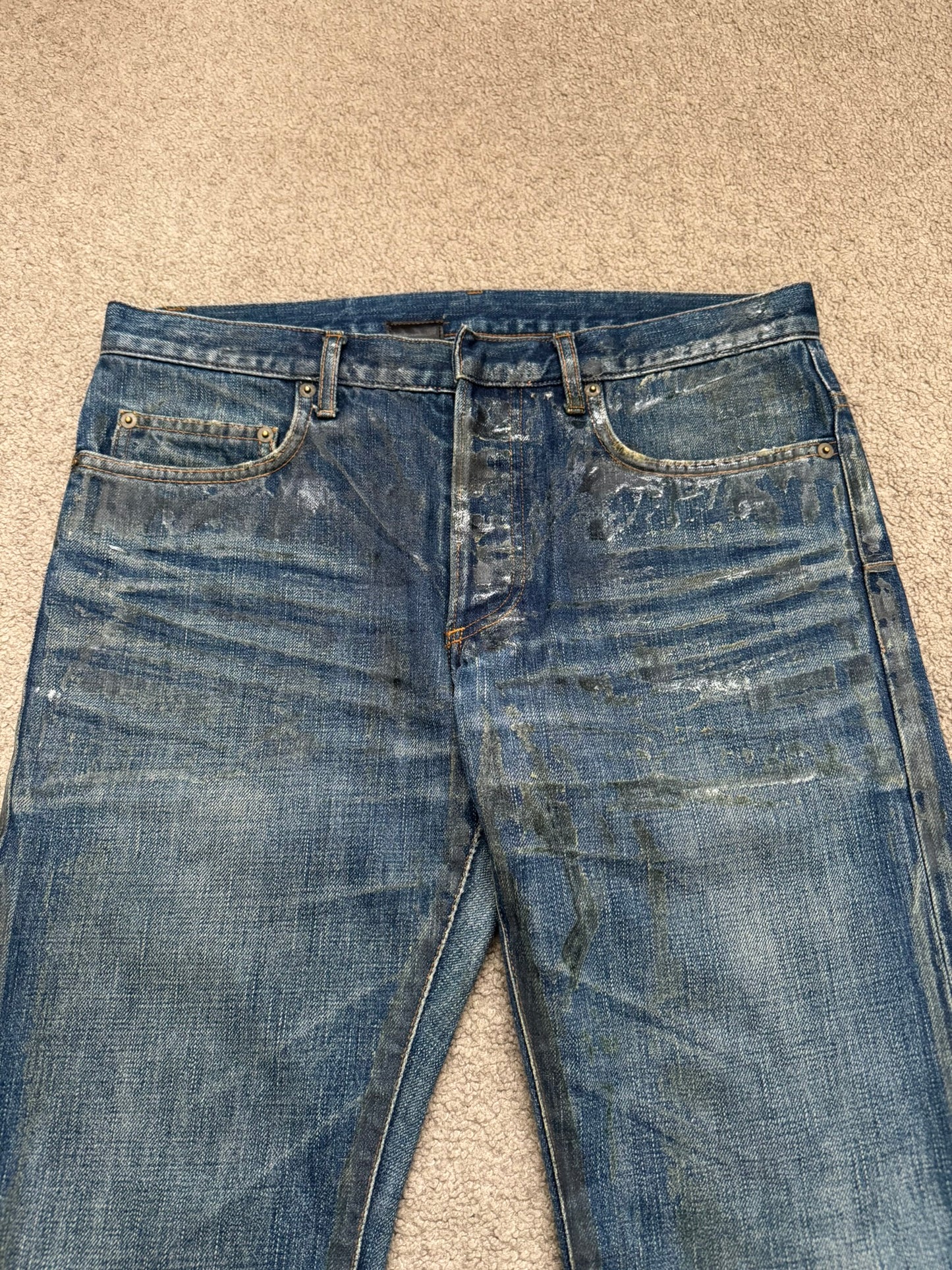 SS07 Dior Homme by Hedi Slimane "Luster" Blue Waxed Clawmark Denim Jeans