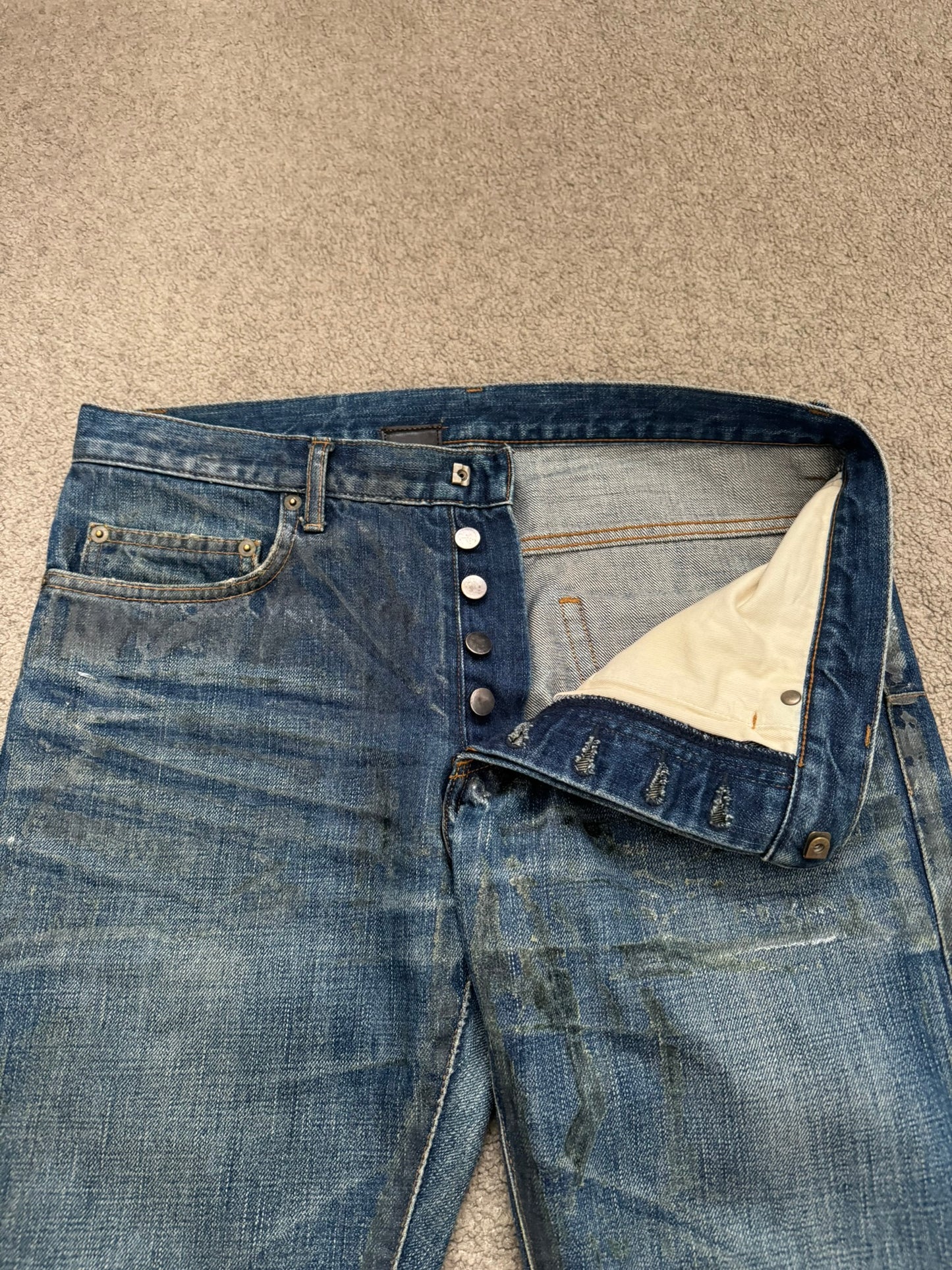 SS07 Dior Homme by Hedi Slimane "Luster" Blue Waxed Clawmark Denim Jeans