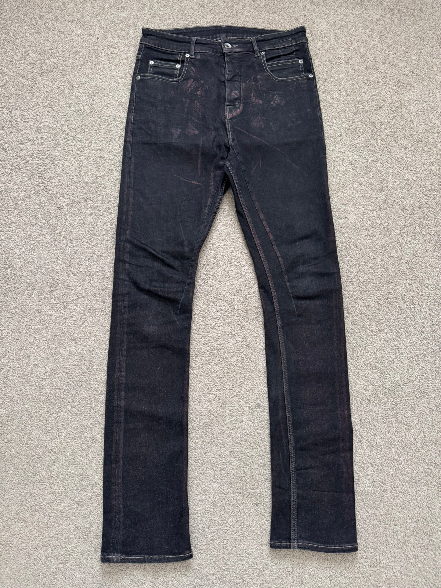 FW20 Rick Owens DRKSHDW Bruise Foil Waxed Detroit Cut Denim Jeans