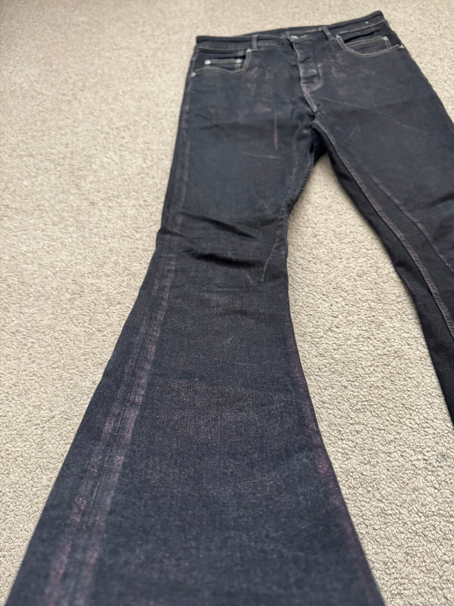 FW20 Rick Owens DRKSHDW Bruise Foil Waxed Detroit Cut Denim Jeans