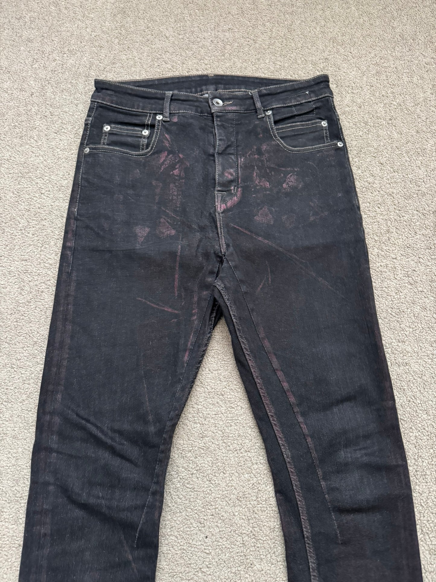 FW20 Rick Owens DRKSHDW Bruise Foil Waxed Detroit Cut Denim Jeans