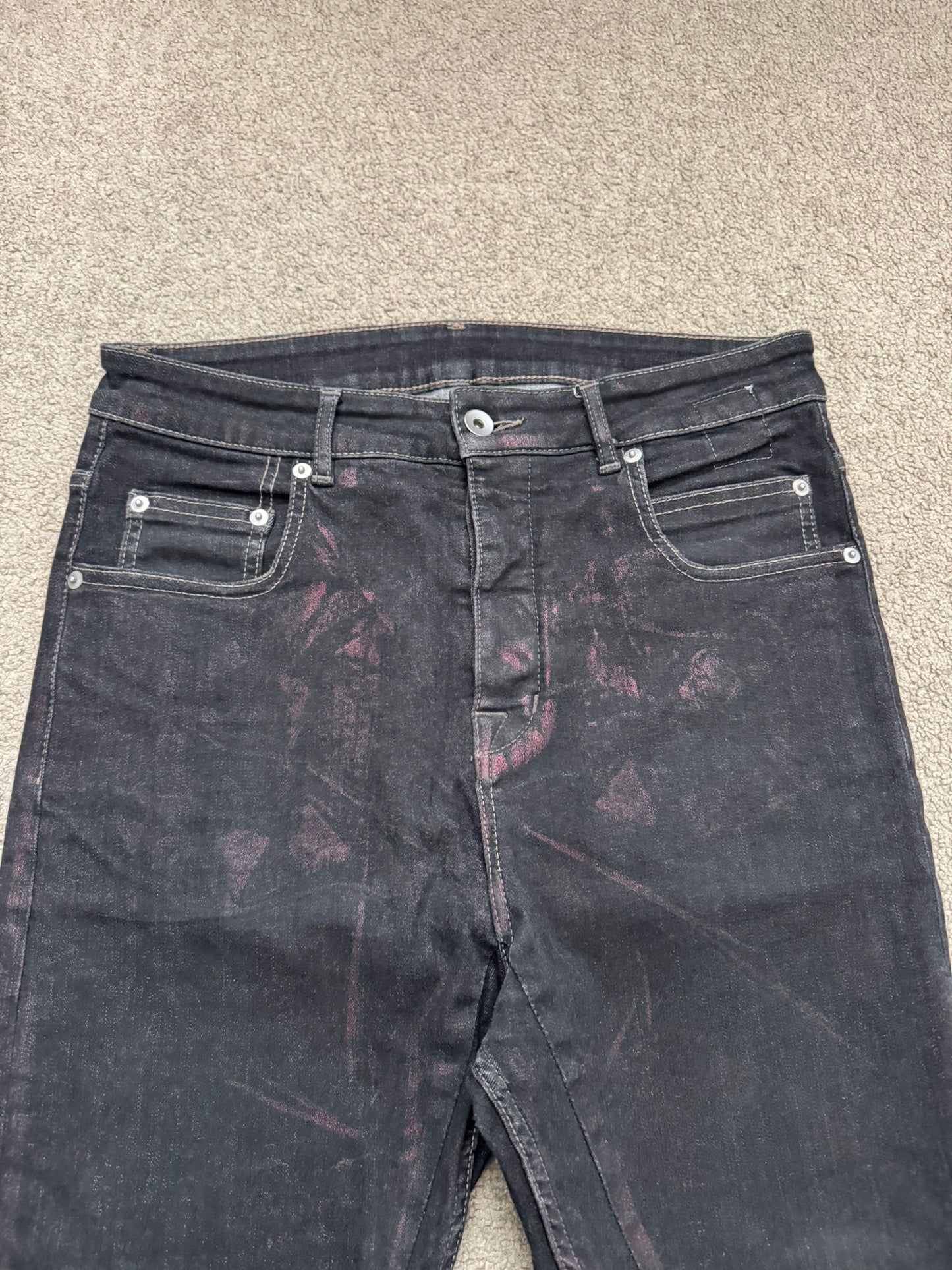 FW20 Rick Owens DRKSHDW Bruise Foil Waxed Detroit Cut Denim Jeans