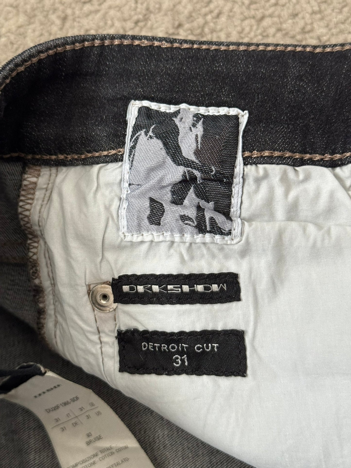 FW20 Rick Owens DRKSHDW Bruise Foil Waxed Detroit Cut Denim Jeans