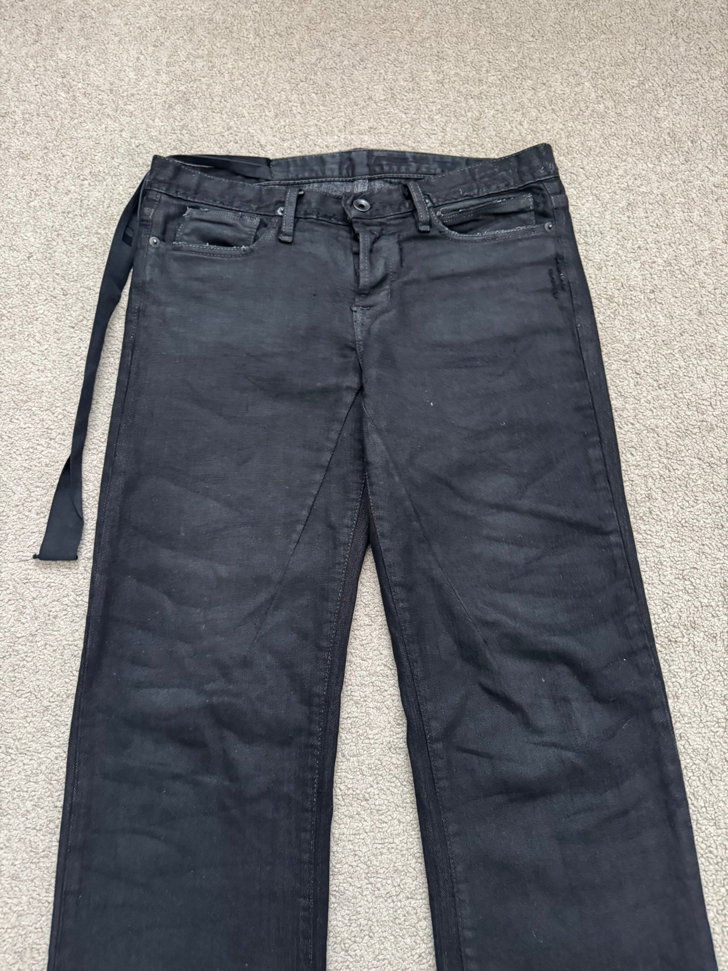 FW07 Rick Owens DRKSHDW Black Waxed Bootcut Flare Denim Jeans