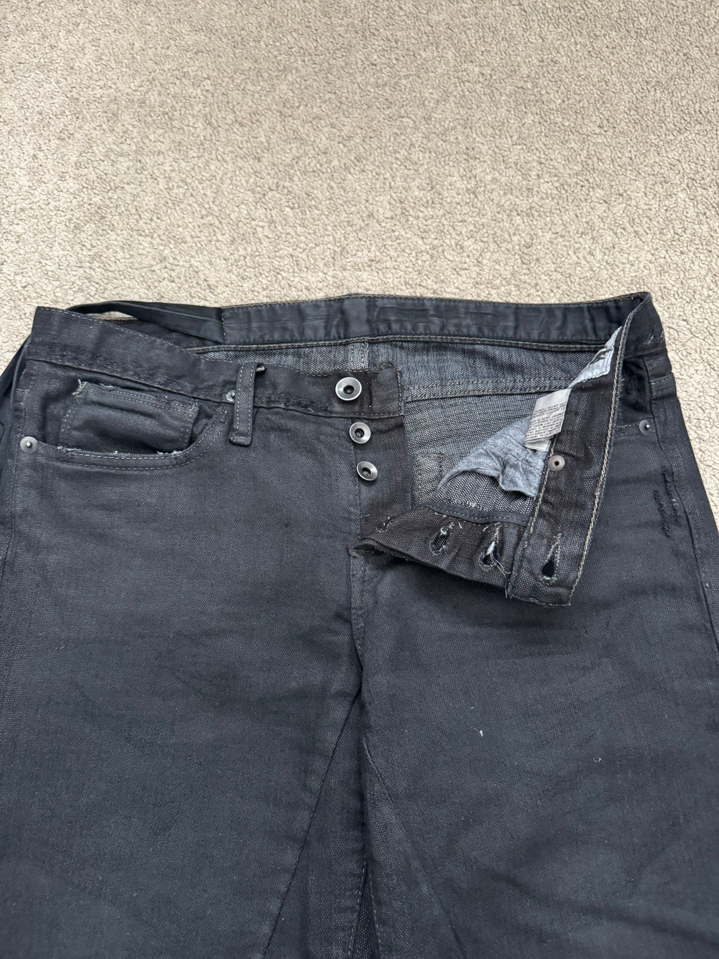FW07 Rick Owens DRKSHDW Black Waxed Bootcut Flare Denim Jeans