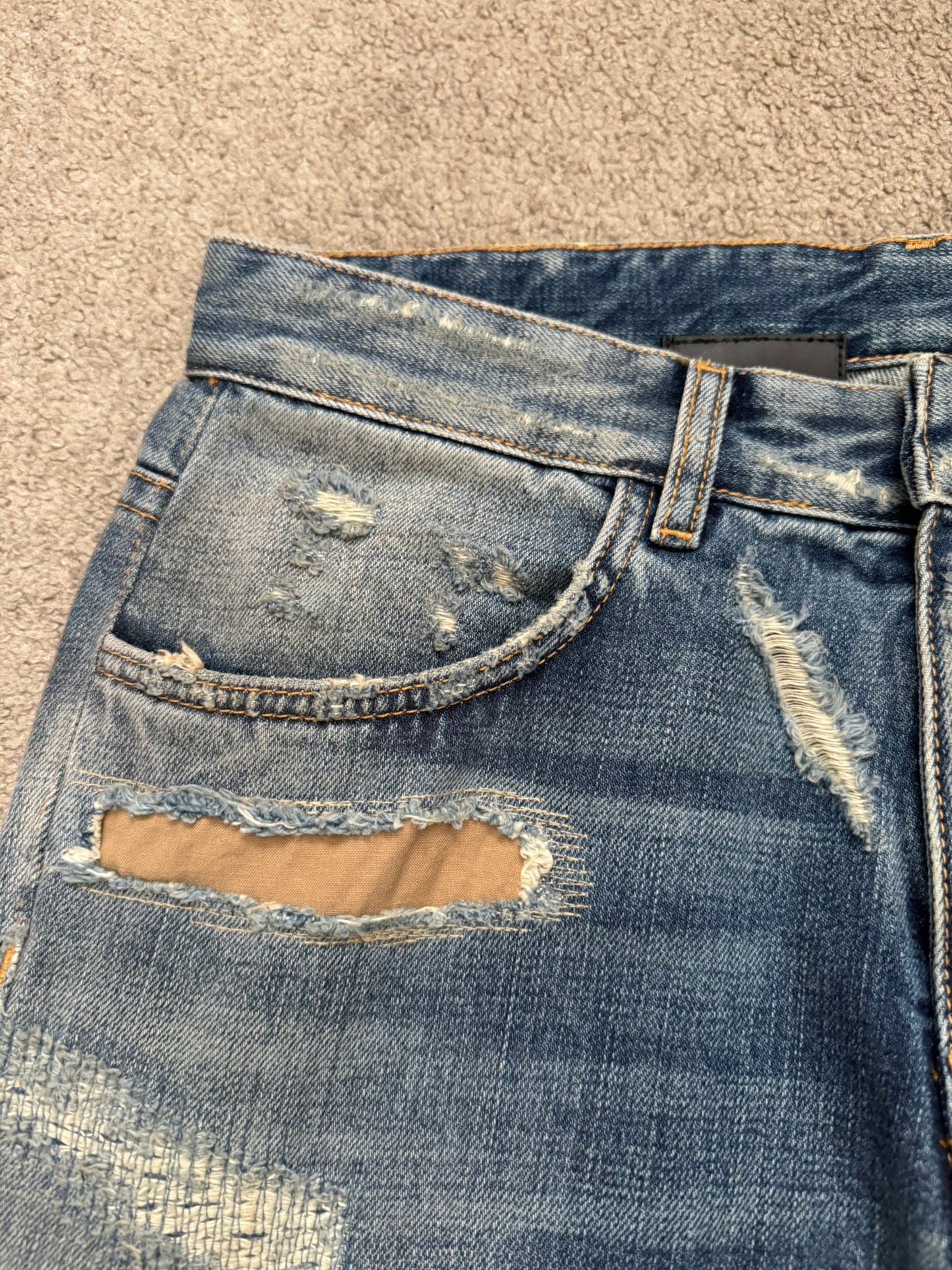 FW22 Givenchy Boro Repaired Distressed Moleskin Patch Denim Jeans