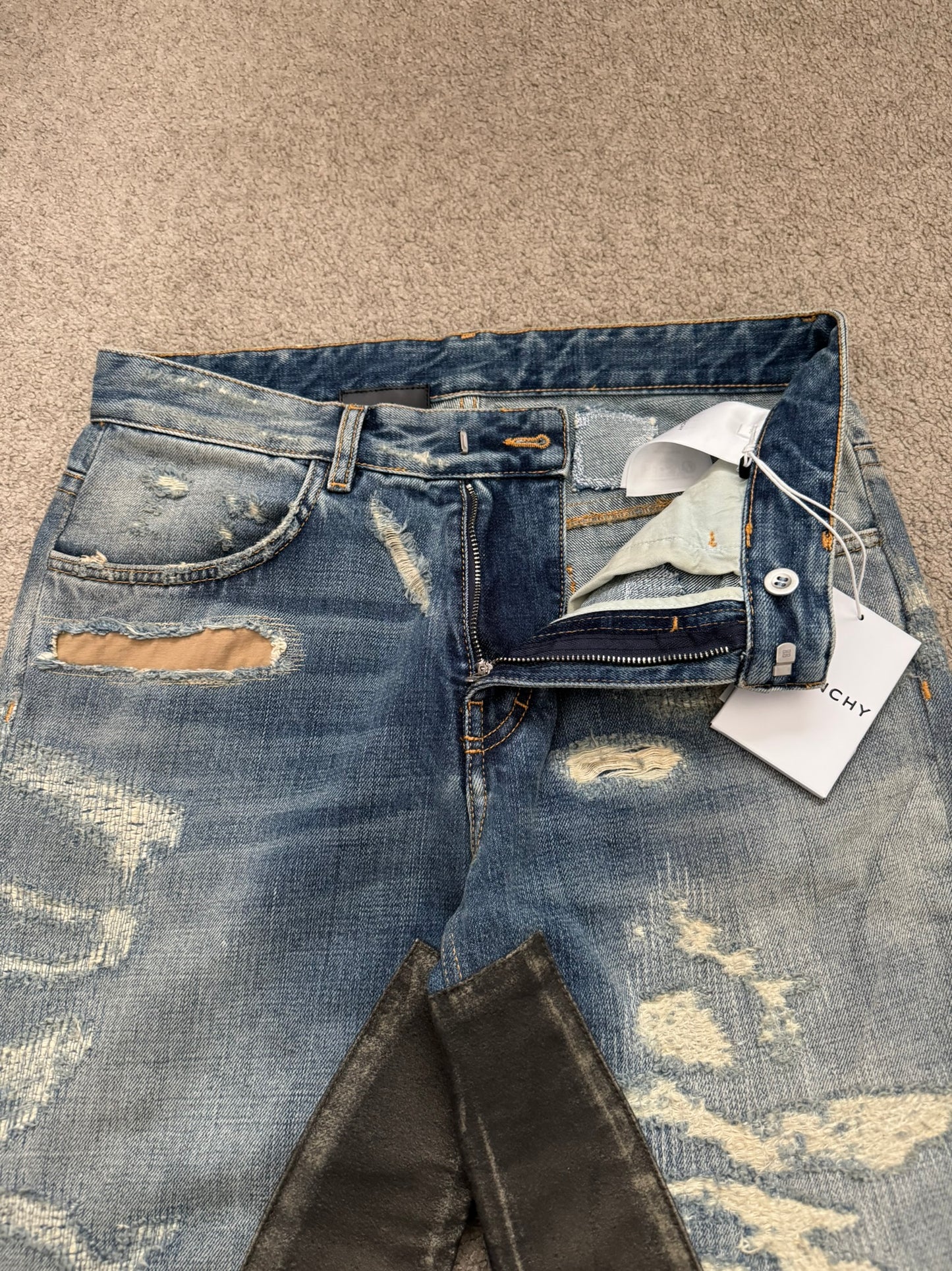 FW22 Givenchy Boro Repaired Distressed Moleskin Patch Denim Jeans