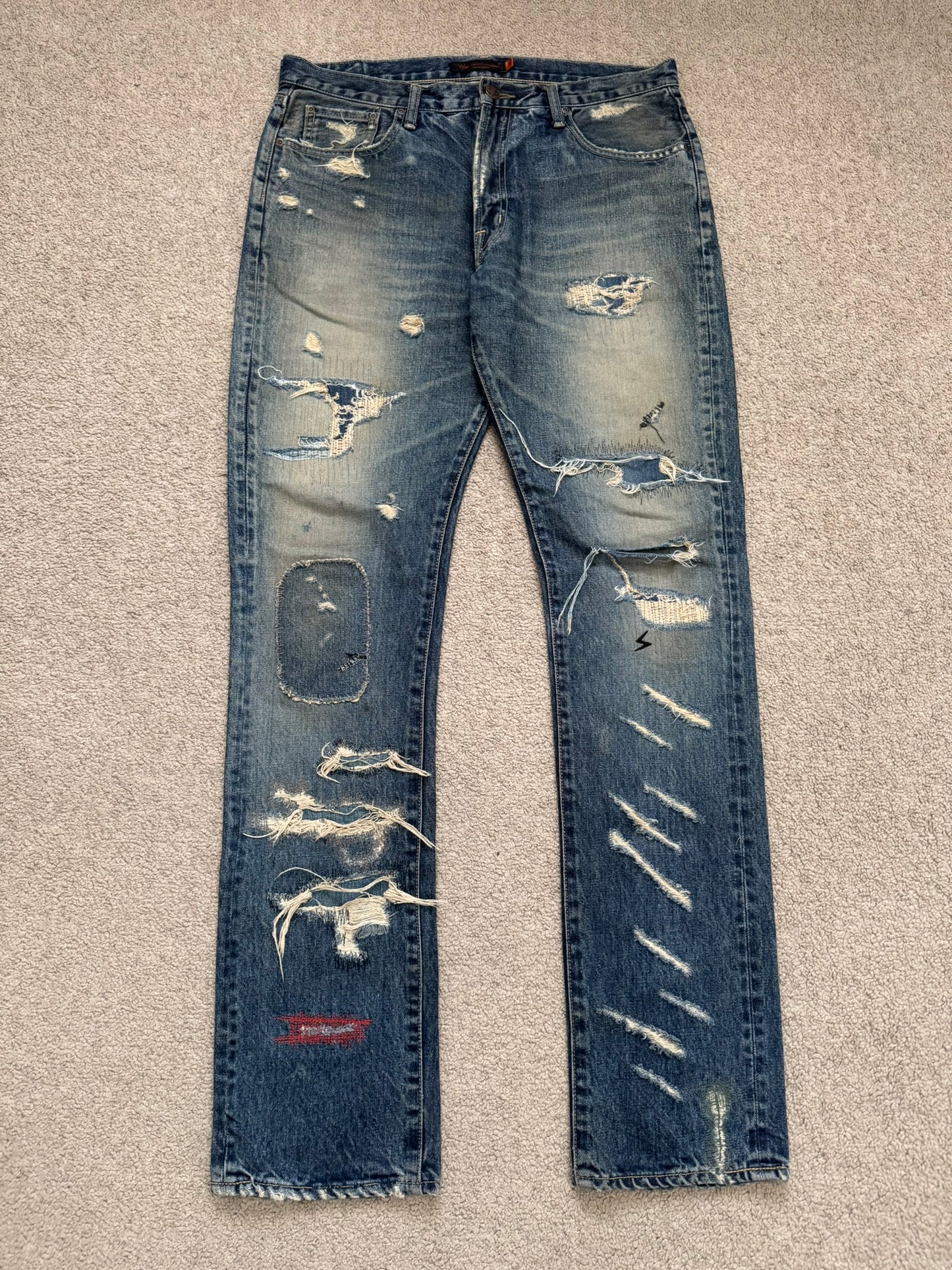 SS05 Undercover "But Beautiful" 60 Distressed Patch Denim Jeans