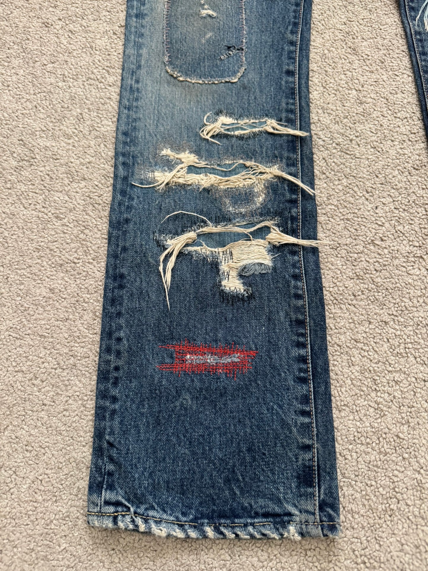 SS05 Undercover "But Beautiful" 60 Distressed Patch Denim Jeans